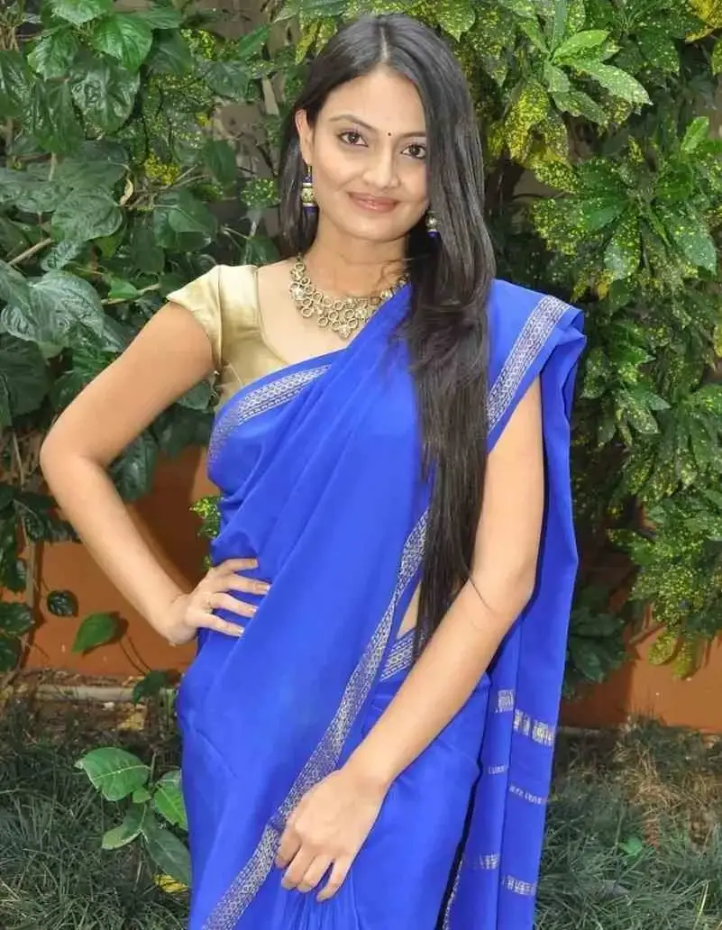 Telugu Girl Nikitha Narayan Long Hair In Traditional Blue Saree